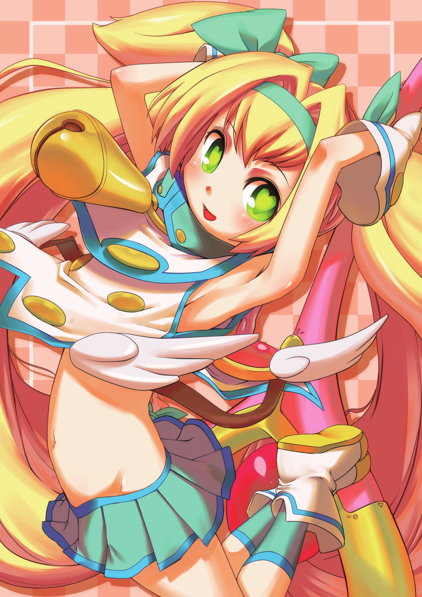 1girl absurdres armpits arms_up bangs bell blazblue blonde_hair bow flat_chest gloves green_eyes hair_bow hairband heart heart-shaped_pupils highres jumping long_hair midriff official_art platinum_the_trinity pleated_skirt skirt smile socks solo symbol-shaped_pupils two_side_up very_long_hair