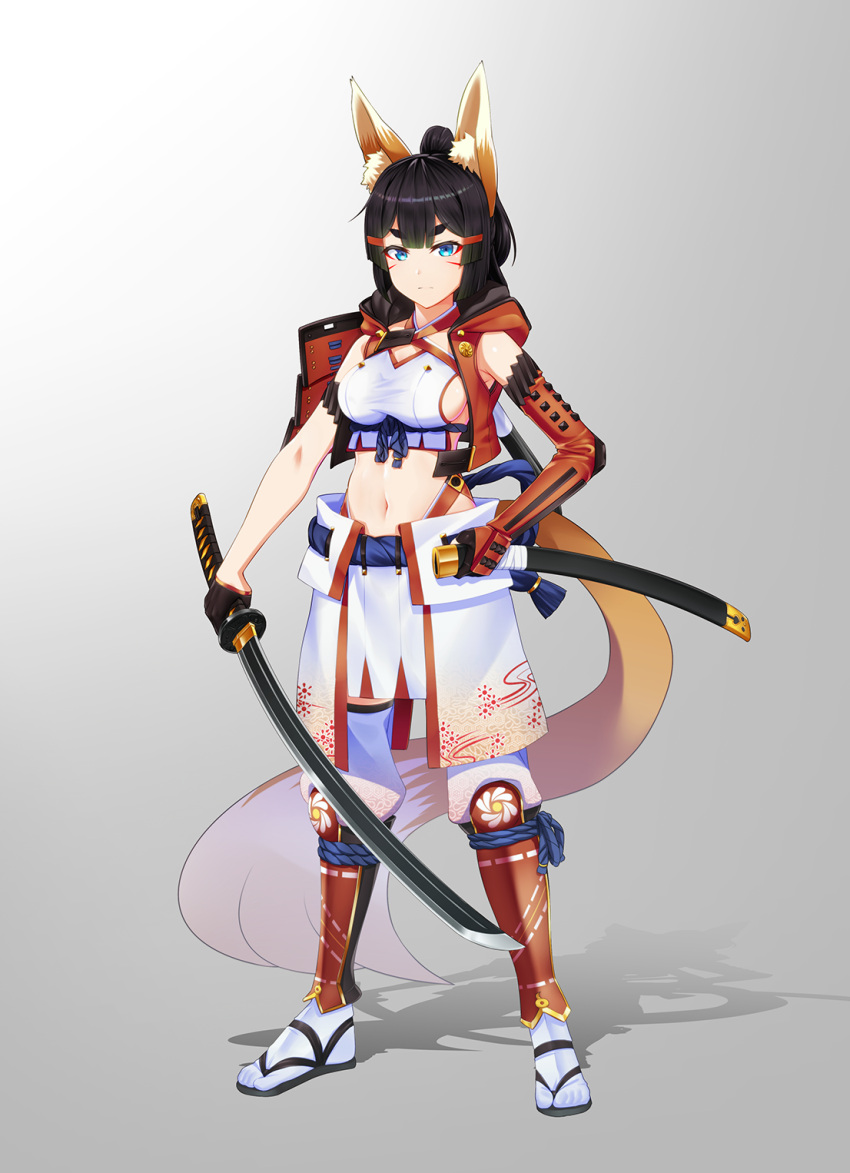 1girl animal_ears armor bangs black_hair blue_eyes blunt_bangs breasts closed_mouth commentary_request detached_sleeves fox_ears fox_tail grey_background hair_ornament hairclip highres holding holding_sword holding_weapon japanese_armor kagiyama_(gen'ei_no_hasha) katana kusazuri large_breasts looking_at_viewer midriff navel original samurai sandals scabbard sheath single_detached_sleeve solo sword tabi tail thick_eyebrows unsheathed weapon white_legwear