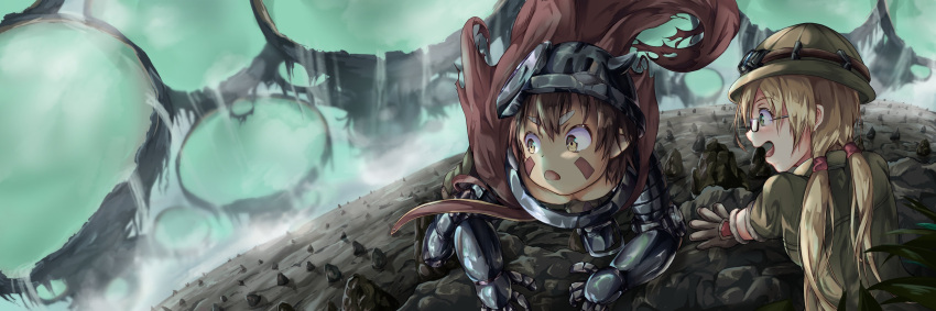1boy 1girl absurdres bangle blonde_hair bracelet brown_hair cape glasses gloves green_eyes helmet highres jewelry long_hair looking_back made_in_abyss mahimaru mechanical_arms mechanical_legs open_mouth regu_(made_in_abyss) riko_(made_in_abyss) torn_cape torn_clothes twintails yellow_eyes