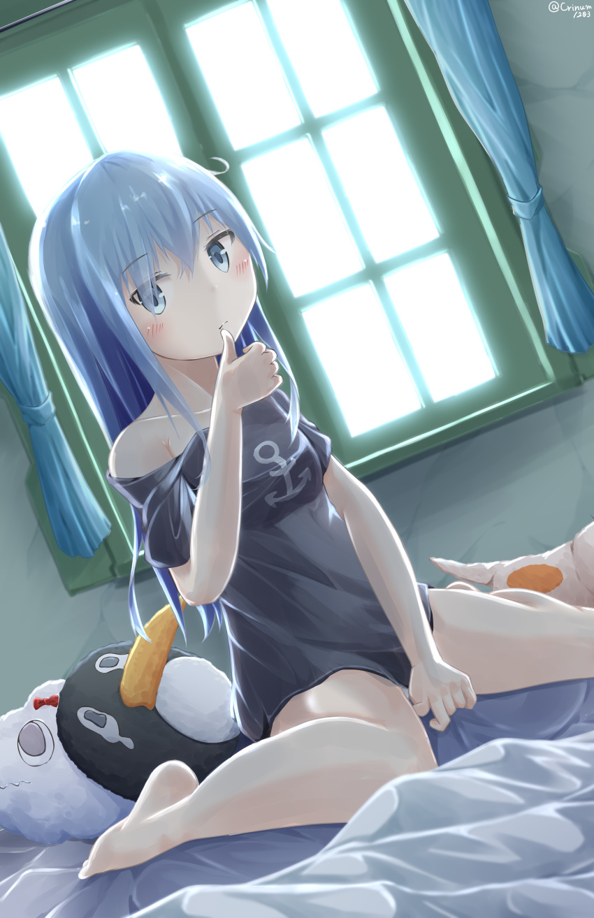 1girl absurdres anchor_symbol bangs bare_shoulders barefoot bed_sheet black_shirt blue_eyes blue_hair blush breasts closed_mouth collarbone commentary_request curtains eyebrows_visible_through_hair failure_penguin hair_between_eyes hamayuu_(litore) hibiki_(kantai_collection) highres indoors kantai_collection miss_cloud print_shirt shirt short_sleeves sitting small_breasts solo stuffed_animal stuffed_penguin stuffed_toy sunlight twitter_username wariza window