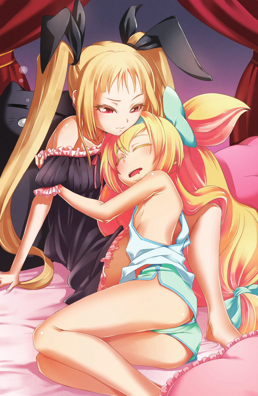 2girls absurdres armpits ass bare_shoulders blazblue blonde_hair bow hair_bow highres multiple_girls official_art platinum_the_trinity rachel_alucard red_eyes short_shorts shorts sleeping twintails