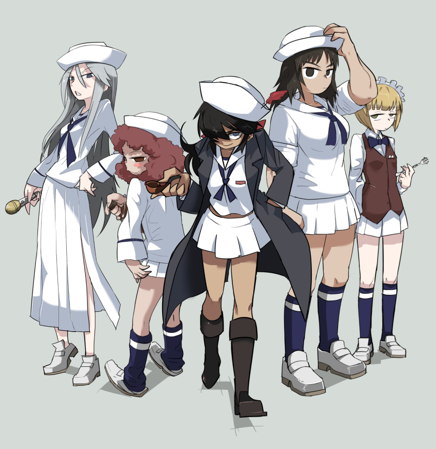 5girls :| bangs beer_bottle black_eyes black_footwear black_hair blonde_hair blouse blue_eyes blue_legwear blue_neckwear blunt_bangs blush_stickers bow bowtie brown_eyes brown_vest chillarism clenched_hand closed_mouth curly_hair cutlass_(girls_und_panzer) dark_skin dixie_cup_hat dress_shirt eyebrows_visible_through_hair flint_(girls_und_panzer) fork from_behind from_side frown girls_und_panzer grey_background grey_eyes grey_hair grimace hair_over_one_eye half-closed_eyes hand_in_pocket hand_on_headwear handkerchief hat hat_feather highres holding holding_microphone leaning_forward loafers long_hair long_skirt long_sleeves looking_at_viewer looking_back loose_socks maid_headdress microphone military_hat miniskirt multiple_girls murakami_(girls_und_panzer) neckerchief no_legwear ogin_(girls_und_panzer) ooarai_naval_school_uniform pipe pleated_skirt print_legwear redhead rum_(girls_und_panzer) sailor sailor_collar school_uniform shadow shirt shoes short_hair side_slit simple_background skirt sleeves_rolled_up smile socks standing vest white_blouse white_footwear white_hat white_shirt white_skirt wing_collar