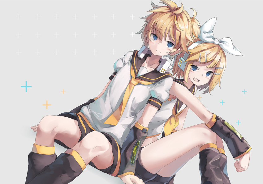 1boy 1girl :d black_sailor_collar black_shorts blonde_hair blue_eyes blush bow closed_mouth commentary_request detached_sleeves hair_bow hair_ornament hairclip headphones headphones_around_neck huanxiang_huifeng kagamine_len kagamine_rin leg_warmers looking_at_viewer open_mouth puffy_short_sleeves puffy_sleeves sailor_collar shirt short_hair short_shorts short_sleeves shorts sitting smile vocaloid white_bow white_shirt