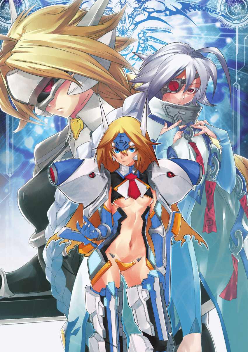 3girls absurdres ahoge artist_request blazblue blonde_hair blue_eyes blue_gloves braid breasts bridal_gauntlets center_opening crotch_plate elbow_gloves eyepatch forehead_protector gloves highres lambda-11 long_hair mecha_musume mu-12 multiple_girls nail_polish navel necktie nu-13 official_art pauldrons red_eyes robot_ears silver_hair single_braid single_eye small_breasts under_boob very_long_hair visor