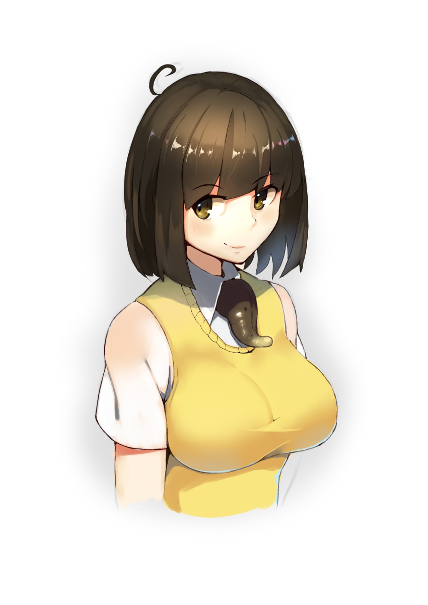1girl absurdres ahoge blush breasts brown_eyes brown_hair closed_mouth extra_tongue eyebrows_visible_through_hair highres kion-kun large_breasts looking_at_viewer original school_uniform shirt short_sleeves simple_background smile solo sweater_vest upper_body vest white_background white_shirt yellow_vest