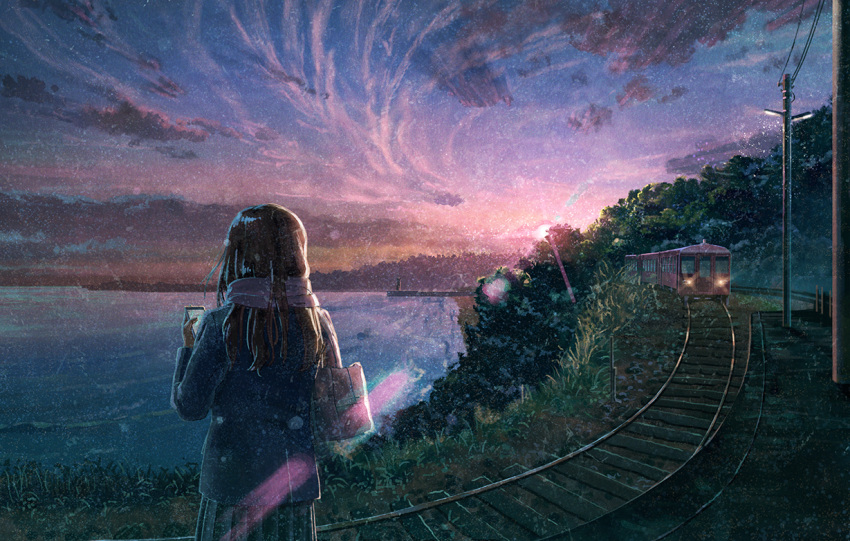 1girl blue_jacket blue_skirt blue_sky brown_hair cellphone clouds commentary_request facing_away from_behind ground_vehicle holding holding_cellphone holding_phone jacket kai_sei light_particles long_sleeves ocean original outdoors phone pier pleated_skirt power_lines purple_sky railroad_tracks scarf scenery skirt sky smartphone solo telephone_pole train