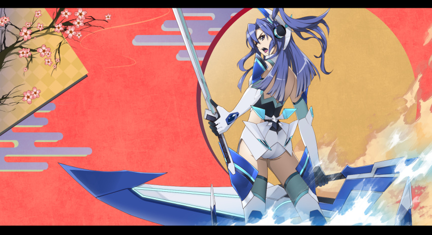 1girl ankh_(ankh_05) ass blue_hair cherry_blossoms dual_wielding from_behind gloves highres kazanari_tsubasa leotard letterboxed long_hair open_mouth senki_zesshou_symphogear side_ponytail solo sword thigh-highs violet_eyes weapon