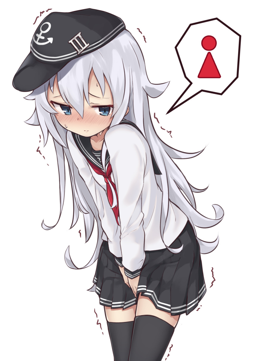 1girl black_legwear black_skirt blue_eyes blush closed_mouth commentary_request embarrassed hat hibiki_(kantai_collection) highres kantai_collection long_hair metaring pleated_skirt school_uniform serafuku silver_hair simple_background skirt solo standing thigh-highs white_background zettai_ryouiki