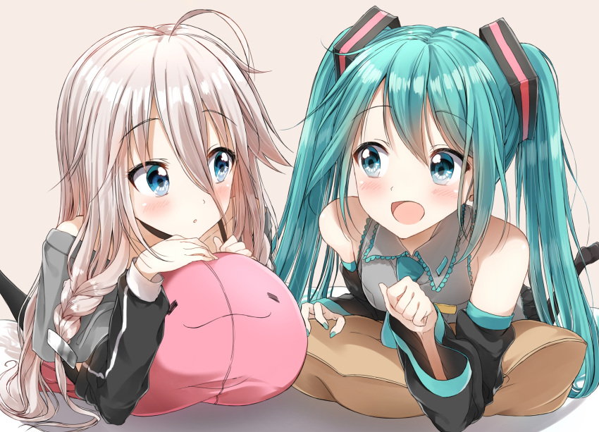 2girls ahoge aqua_eyes aqua_hair blush commentary_request eyebrows_visible_through_hair hair_between_eyes hatsune_miku highres ia_(vocaloid) long_hair long_sleeves looking_at_another lying multiple_girls nail_polish on_stomach open_mouth pentagon_(railgun_ky1206) pink_hair twintails very_long_hair vocaloid