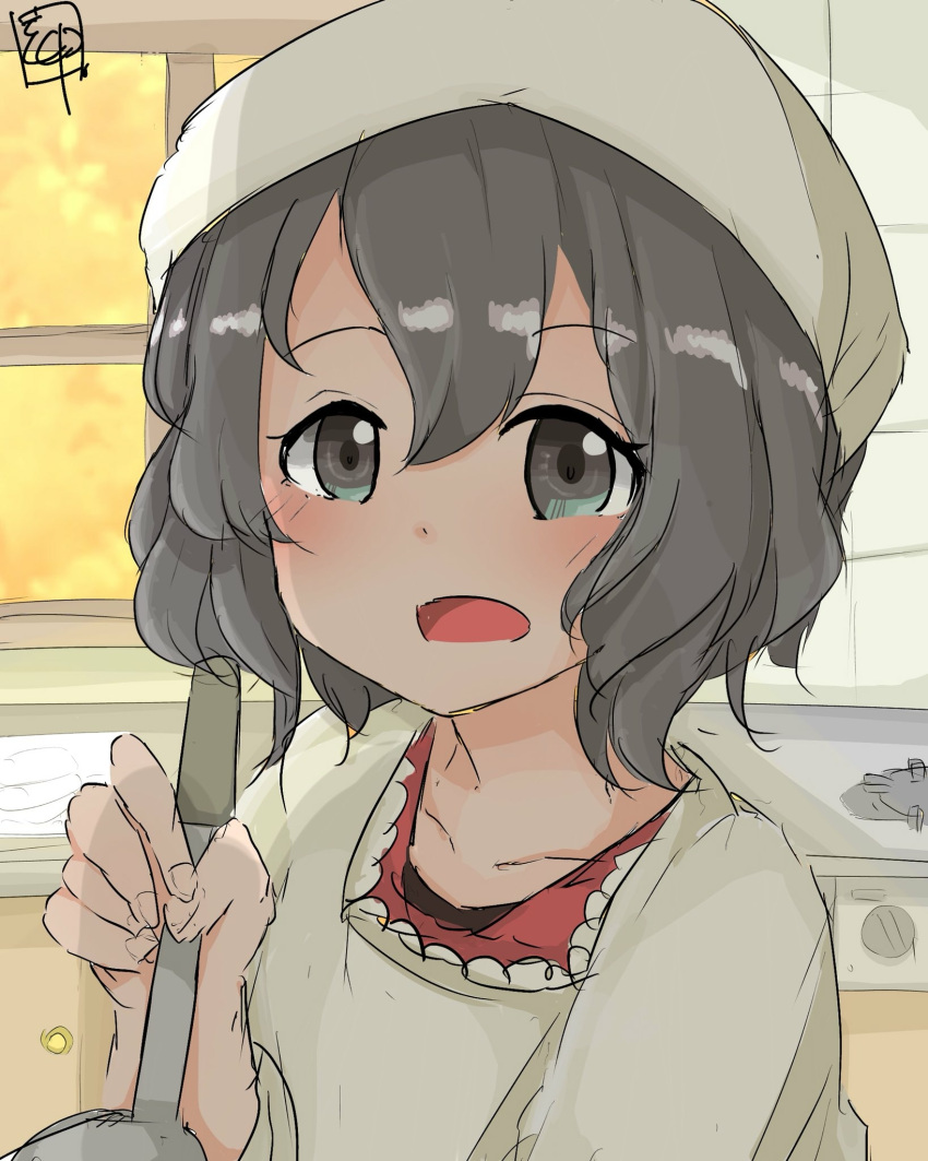 alternate_costume black_hair blush close-up commentary_request contemporary eyebrows_visible_through_hair highres kaban_(kemono_friends) kemono_friends kokuin ladle short_hair