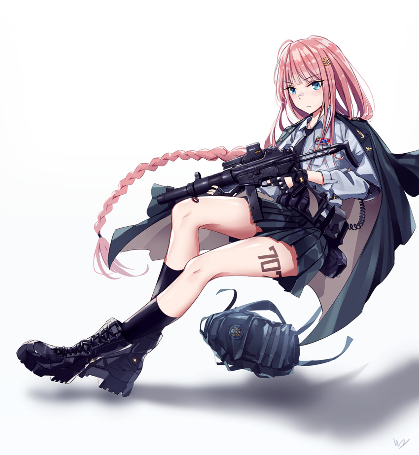 1girl bag blue_eyes commentary_request eotech gun highres long_hair looking_at_viewer military military_uniform original pink_hair skirt solo uniform very_long_hair vvy weapon white_background