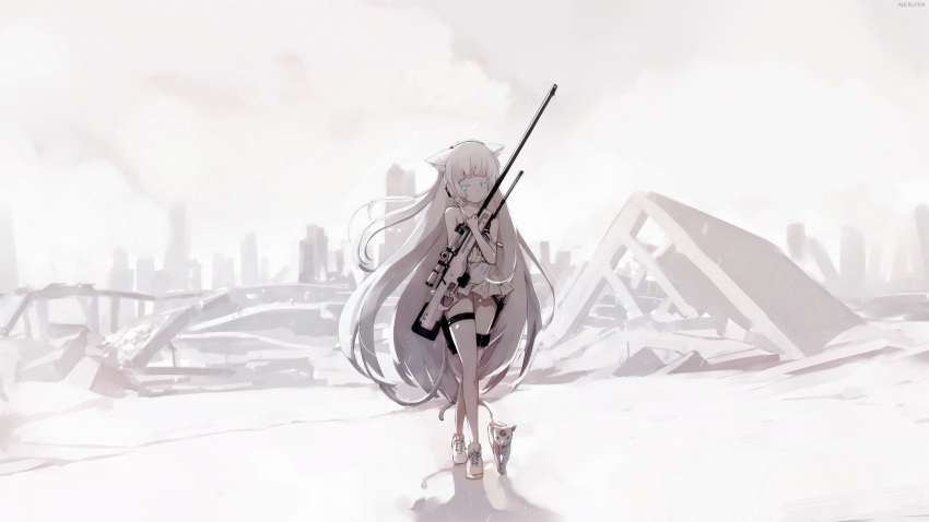 1girl animal_ears awp_(girls_frontline) bangs blue_eyes blunt_bangs cat cat_ears cat_tail commentary_request dress dyolf full_body girls_frontline gun headphones highres holding holding_weapon holster legs_crossed long_hair looking_at_viewer original revision rifle shoes short_dress sneakers sniper_rifle solo standing strap_gap strapless strapless_dress tail weapon white_dress white_hair