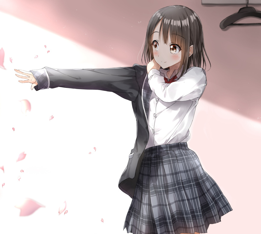 1girl bangs black_blazer blazer blurry blurry_foreground blush bow bowtie brown_eyes brown_hair closed_mouth clothes_hanger collared_shirt commentary_request depth_of_field dressing eyebrows_visible_through_hair grey_skirt highres jacket long_hair long_sleeves original outstretched_arm pentagon_(railgun_ky1206) petals plaid plaid_skirt pleated_skirt red_neckwear school_uniform shirt skirt sleeves_past_wrists smile solo white_shirt