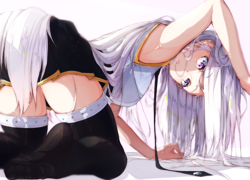 1girl all_fours armpits azur_lane black_legwear black_neckwear black_skirt enterprise_(azur_lane) eyebrows_visible_through_hair highres long_hair looking_at_viewer murata_ryou necktie no_hat no_headwear no_jacket open_mouth pleated_skirt shirt silver_hair skirt sleeveless sleeveless_shirt solo thigh-highs very_long_hair violet_eyes zettai_ryouiki