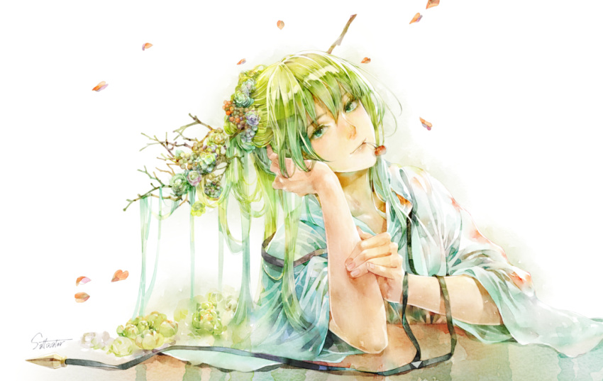 androgynous artist_name bangs black_neckwear cherry enkidu_(fate/strange_fake) fate/grand_order fate/strange_fake fate_(series) flower food food_in_mouth fruit green_eyes green_hair hair hair_flower hair_ornament hair_stick head_rest long_hair long_sleeves looking_at_viewer petals robe saltwatertree signature simple_background smile traditional_media upper_body watercolor_(medium) white_background white_robe wide_sleeves