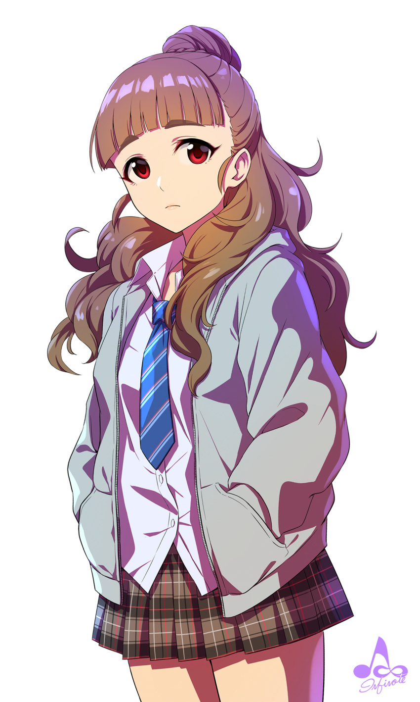 1girl artist_name brown_hair expressionless hair_bun hands_in_pockets highres hood hoodie idolmaster idolmaster_cinderella_girls infinote kamiya_nao long_hair necktie red_eyes shirt skirt solo thick_eyebrows wavy_hair white_background white_shirt