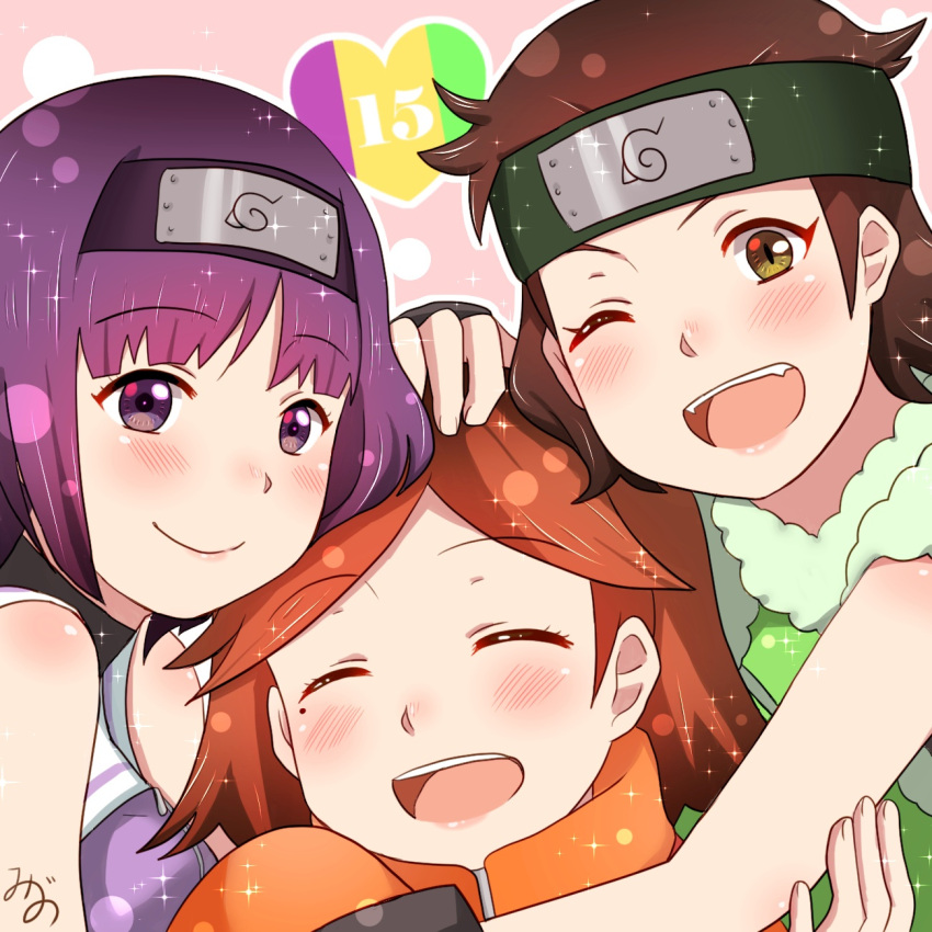 3girls bare_shoulders blush boruto:_naruto_next_generations braid brown_hair closed_eyes green_eyes highres izuno_wasabi kakei_sumire konohagakure_symbol long_hair looking_at_viewer mizuno_12 mole mole_under_eye multiple_girls naruto open_mouth purple_hair short_hair smile suzumeno_namida twin_braids twintails very_long_hair violet_eyes