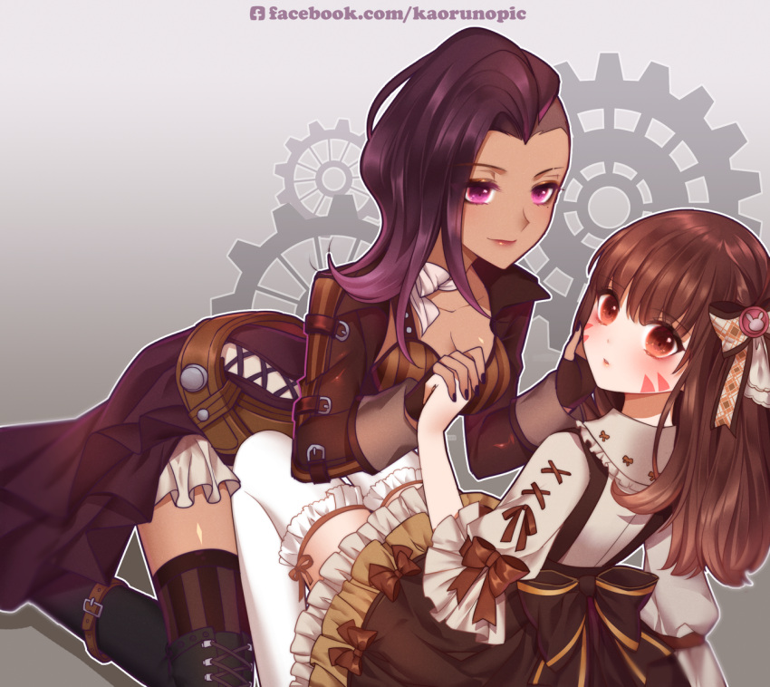 2girls asymmetrical_hair atobesakunolove boots bow breasts brown_eyes brown_hair cleavage collarbone commentary_request cross-laced_legwear d.va_(overwatch) facebook_username facepaint fingerless_gloves gloves hair_ribbon hand_holding hand_on_another's_cheek hand_on_another's_face highres kneeling lace lolita_fashion looking_at_viewer makeup medium_breasts multiple_girls overwatch parted_lips purple_hair ribbon sombra_(overwatch) steampunk tan thigh-highs thigh_boots undercut violet_eyes watermark web_address whisker_markings white_legwear yuri zettai_ryouiki