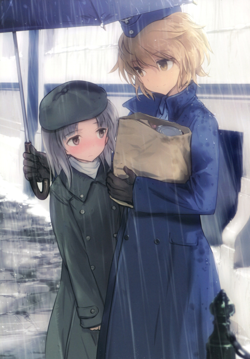 2girls absurdres bag beret black_coat black_gloves black_hat blue_coat blue_shirt blush brave_witches brown_eyes brown_hair building can canned_food character_name closed_mouth coat collared_shirt day edytha_rossmann embarrassed garrison_cap gloves grey_hair hat highres holding holding_umbrella looking_at_another medium_hair multiple_girls nose_blush official_art outdoors paper_bag rain scan shared_umbrella shimada_fumikane shirt short_hair sleeves_past_wrists smile standing trench_coat umbrella waltrud_krupinski wing_collar world_witches_series