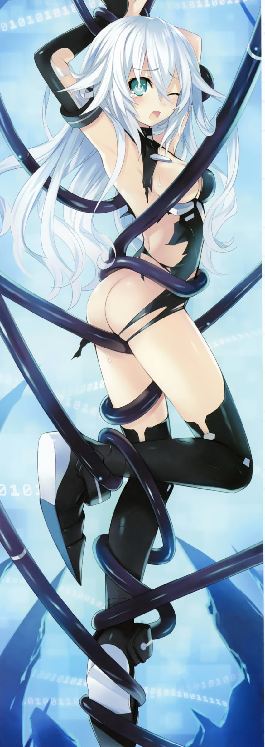 1girl absurdres bare_shoulders black_heart blue_eyes blush bound breasts cleavage gloves highres leotard long_hair looking_at_viewer medium_breasts neptune_(series) official_art one_eye_closed open_mouth solo symbol-shaped_pupils tears torn_clothes tsunako very_long_hair white_hair