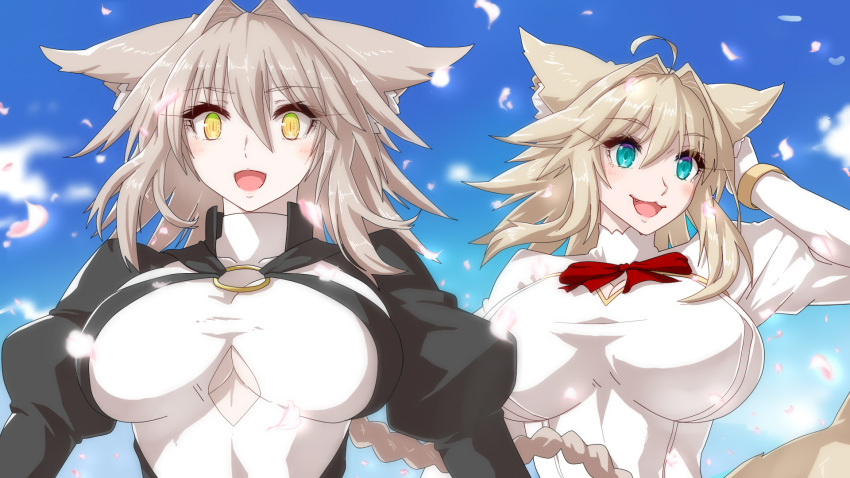 2girls :3 :d ahoge animal_ears black_dress blonde_hair blue_eyes blue_sky blurry blurry_background blush bow bowtie braid breasts cherry_blossoms clouds commentary_request day depth_of_field dress eyebrows_visible_through_hair fang gloves hair_between_eyes hair_intakes hand_up highres huge_breasts juliet_sleeves long_hair long_sleeves looking_at_viewer minarai_tenna monster_girl multiple_girls o-ring open_mouth original outdoors petals puffy_sleeves red_neckwear single_braid sky slit_pupils smile tail upper_body white_dress white_gloves yellow_eyes