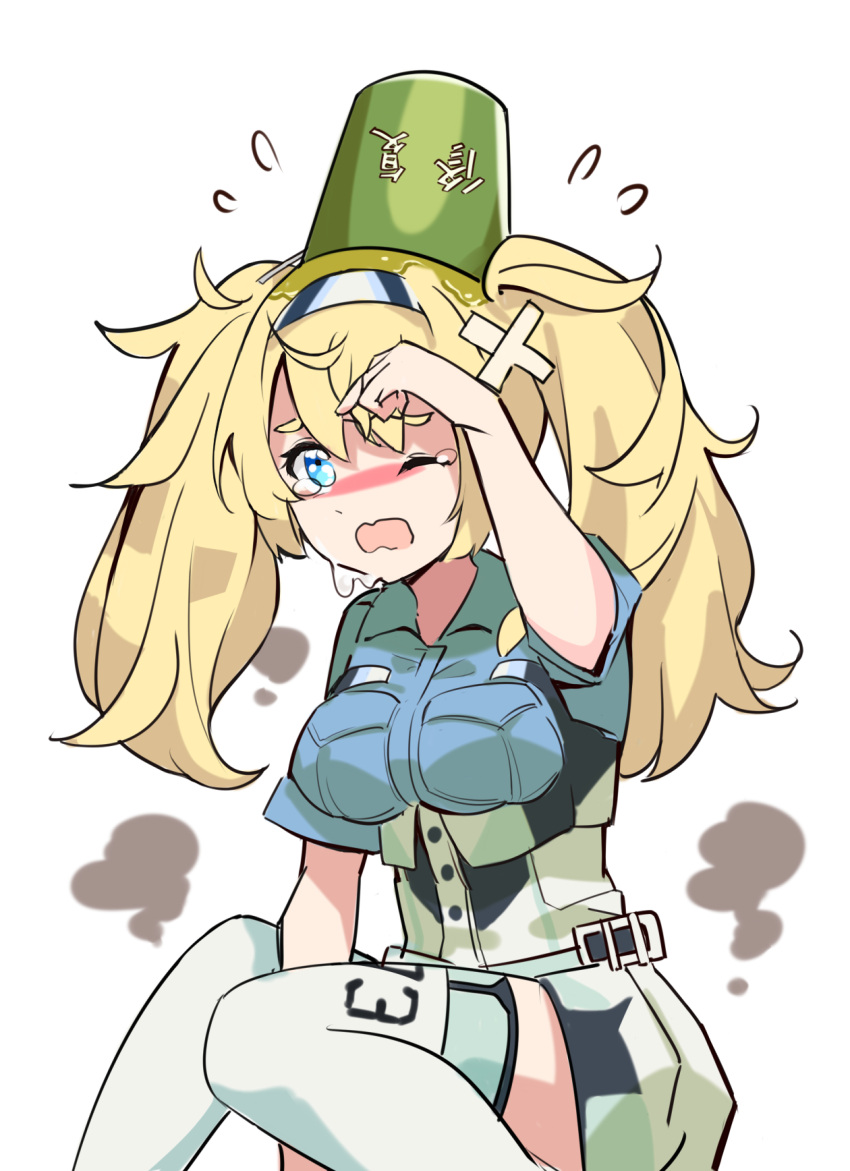 1girl blonde_hair blue_eyes blue_shirt breast_pocket breasts bucket bucket_on_head collared_shirt gambier_bay_(kantai_collection) hair_between_eyes hairband highres kantai_collection large_breasts long_hair number object_on_head open_mouth pocket repair_bucket shirt shorts simple_background solo thigh-highs twintails white_background white_legwear yamano_(yamanoh)