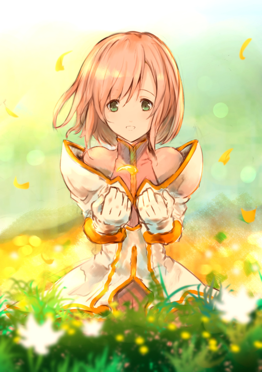 1girl absurdres blurry estellise_sidos_heurassein flower gloves grass green_eyes highres humi petals pink_hair short_hair smile solo tales_of_(series) tales_of_vesperia white_coat white_gloves