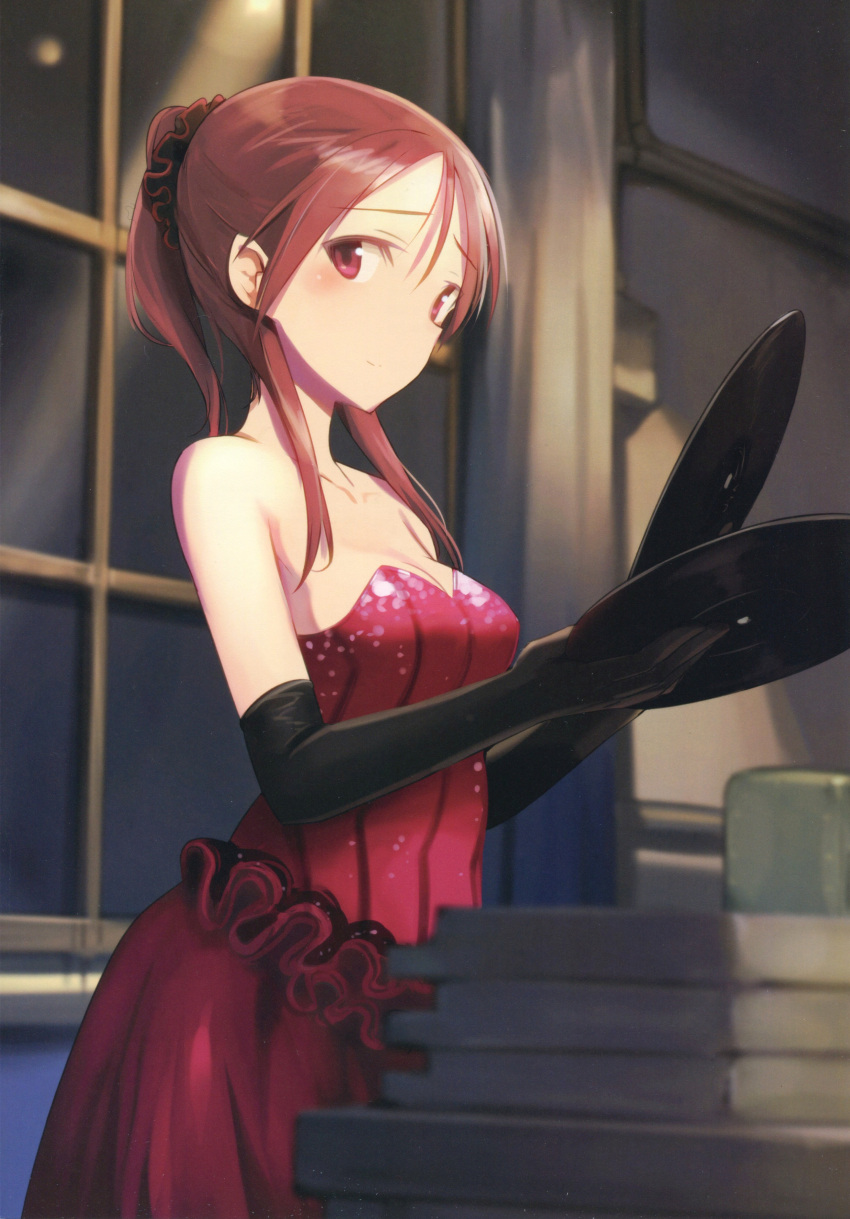 1girl absurdres bare_shoulders black_gloves blush breasts character_name cleavage collarbone dress elbow_gloves gloves highres holding long_hair medium_breasts minna-dietlinde_wilcke ponytail record red_dress red_eyes redhead scan shimada_fumikane solo strapless strapless_dress strike_witches world_witches_series