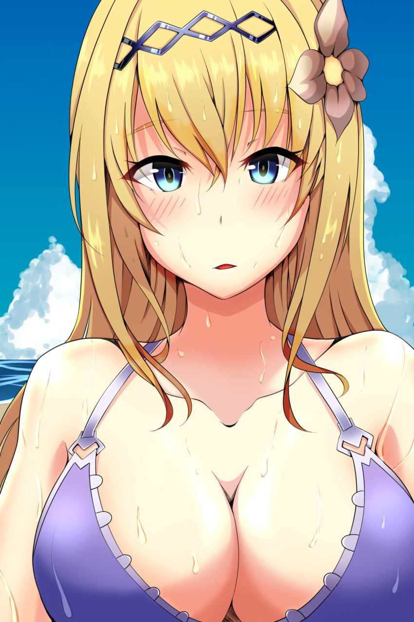1girl bikini_top blonde_hair blue_eyes blue_sky blush breasts cleavage clouds commentary_request day flower granblue_fantasy hair_flower hair_ornament highres jeanne_d'arc_(granblue_fantasy) kapibara_(mc0314) large_breasts long_hair looking_at_viewer ocean sky solo upper_body wet