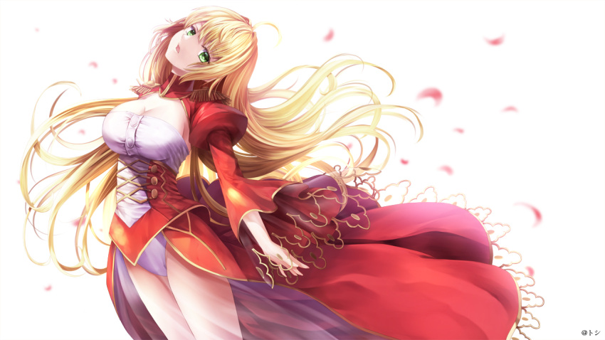 1girl bangs blonde_hair blurry blurry_background breasts cleavage commentary_request depth_of_field dress eyebrows_visible_through_hair fate/extra fate_(series) green_eyes hair_between_eyes hair_down head_tilt juliet_sleeves large_breasts long_hair long_sleeves looking_at_viewer nero_claudius_(fate) nero_claudius_(fate)_(all) open_mouth petals puffy_sleeves red_dress see-through simple_background solo toshi_(1-147) twitter_username very_long_hair white_background wide_sleeves