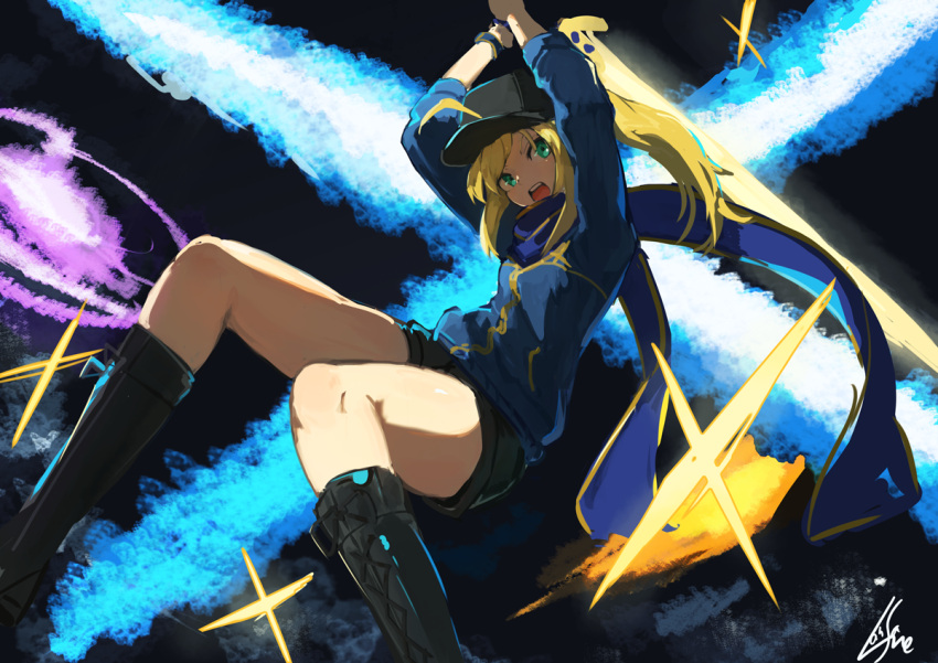 1girl ahoge artoria_pendragon_(all) baseball_cap black_footwear blonde_hair blue_jacket blue_scarf boots commentary fate/grand_order fate_(series) feet_out_of_frame green_eyes hat holding holding_sword holding_weapon jacket lansane long_sleeves mysterious_heroine_x open_mouth ponytail scarf signature solo sword weapon wristband