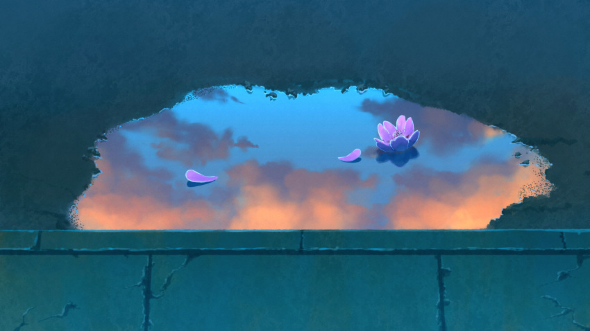 clouds cloudy_sky commentary_request fateline_alpha flower highres lotus no_humans original outdoors petals puddle reflection scenery sky sunset