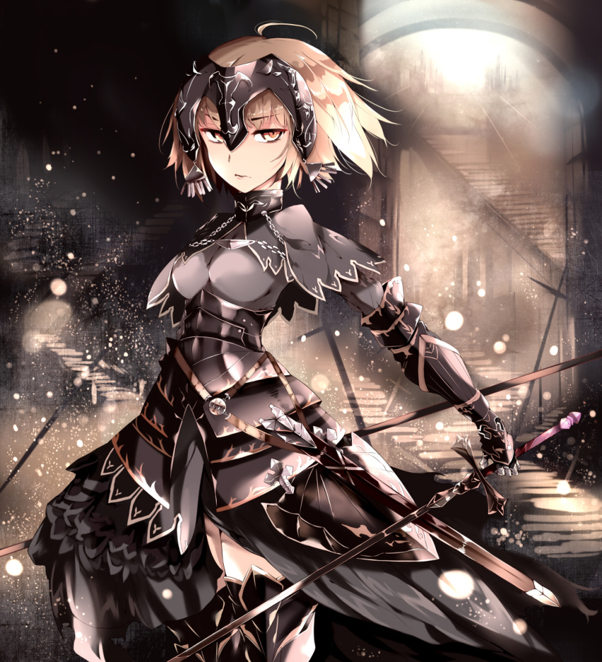 armor armored_dress brown_hair commentary_request dress fate/grand_order fate_(series) highres jeanne_d'arc_(alter)_(fate) jeanne_d'arc_(fate)_(all) looking_at_viewer mask short_hair sword venomrobo weapon white_hair