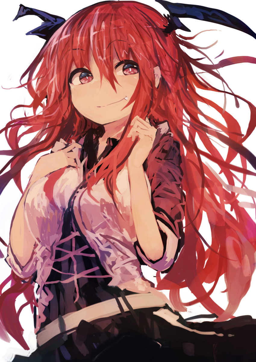 1girl absurdres belt black_skirt black_wings breasts closed_mouth eyebrows_visible_through_hair fang_out hair_between_eyes hands_up head_wings highres kaamin_(mariarose753) koakuma large_breasts long_hair looking_at_viewer red_eyes redhead shiny shiny_hair simple_background skirt smile solo touhou white_background wings