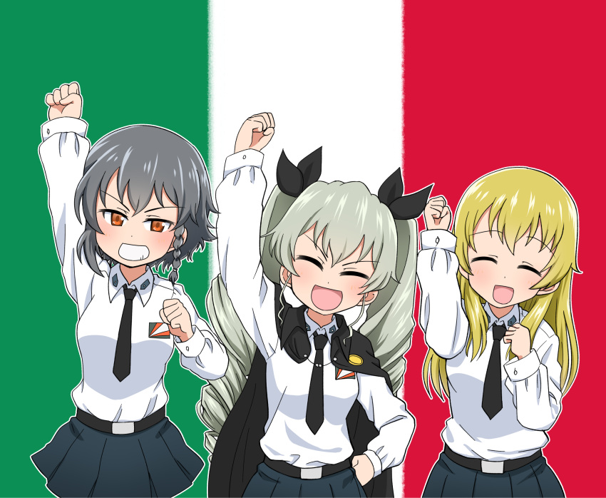 3girls :d anchovy anzio_school_uniform arm_up bangs belt black_belt black_cape black_hair black_neckwear black_skirt blonde_hair braid brown_eyes cape carpaccio closed_eyes dress_shirt drill_hair emblem facing_viewer flag_background girls_und_panzer go_yasukuni green_hair grin hand_on_hip head_tilt highres italian_flag long_hair long_sleeves looking_at_viewer miniskirt multiple_girls necktie open_mouth pantyhose pepperoni_(girls_und_panzer) pleated_skirt pose raised_fist school_uniform shirt short_hair side_braid skirt smile standing twin_drills twintails upper_body v-shaped_eyebrows white_legwear white_shirt