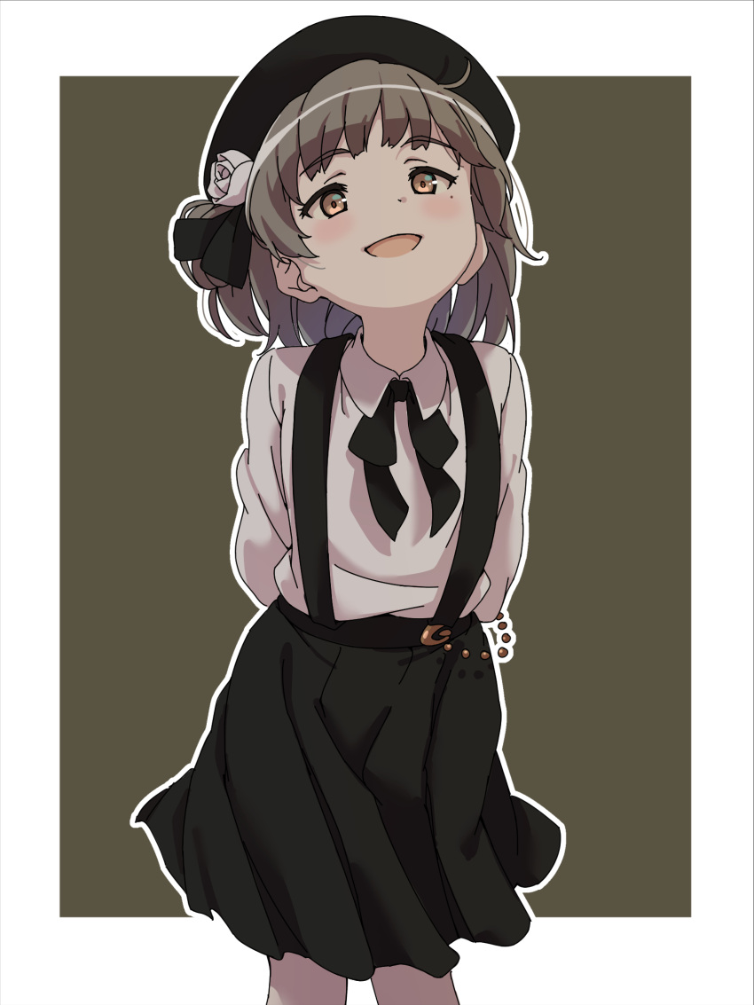 1girl :d bangs black_bow black_hat black_ribbon black_skirt blush bow brown_background brown_eyes brown_hair collared_shirt cowboy_shot eyebrows_visible_through_hair flower hair_flower hair_ornament hair_rings hat hatoba_tsugu hatoba_tsugu_(character) highres karahai_(31448823) leaning_forward looking_at_viewer mole mole_under_eye open_mouth pantyhose ribbon rose shirt skirt smile solo suspender_skirt suspenders two-tone_background virtual_youtuber white_background white_flower white_legwear white_rose white_shirt