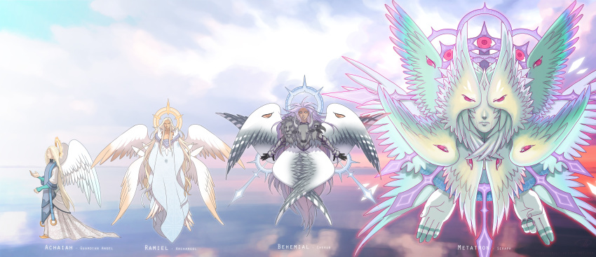abstract absurdres androgynous angel angel_wings animal_head blonde_hair blue_eyes circle closed_eyes commentary deviantartzombiesmile extra_eyes feathered_wings flying glowing halo hands highres horizon long_hair looking_at_viewer markings multiple_wings mythology open_hand original purple_hair seraph standing train_(clothing) unmoving_pattern vambraces very_long_hair violet_eyes white_eyes white_robe wings