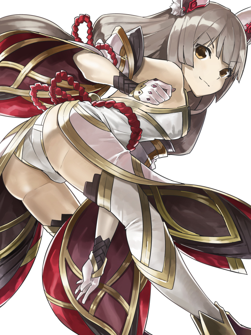 ass bangs bare_shoulders bent_over blunt_bangs boots commentary_request detached_sleeves gloves highres long_hair long_sleeves looking_at_viewer low_twintails mosamune niyah off_shoulder silver_hair simple_background smile spoilers thigh-highs thigh_boots twintails very_long_hair white_background wide_sleeves xenoblade_(series) xenoblade_2