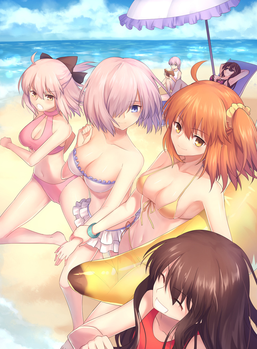 6+girls :d :o ^_^ bangs bare_arms bare_legs bare_shoulders barefoot beach beach_umbrella bikini bikini_skirt blue_eyes blue_sky blush book braid breasts brown_eyes brown_hair chair character_request cleavage closed_eyes clouds cloudy_sky collarbone commentary_request day eyebrows_visible_through_hair fate/grand_order fate_(series) frilled_umbrella frills from_above front-tie_bikini front-tie_top fujimaru_ritsuka_(female) gogatsu_fukuin hair_between_eyes hair_ornament hair_over_one_eye hair_scrunchie highres holding holding_book horizon inflatable_banana inflatable_toy koha-ace large_breasts long_hair lounge_chair lying mash_kyrielight multiple_girls ocean oda_nobunaga_(fate) okita_souji_(fate) on_back one-piece_swimsuit one_side_up open_book open_mouth outdoors pink_bikini purple_bikini purple_hair reading red_swimsuit running sand scathach_(fate/grand_order) scathach_(swimsuit_assassin)_(fate) school_swimsuit scrunchie side-tie_bikini sitting sky smile sunglasses swimsuit transparent umbrella very_long_hair violet_eyes water white_bikini white_school_swimsuit white_swimsuit wrist_grab yellow_bikini yellow_scrunchie