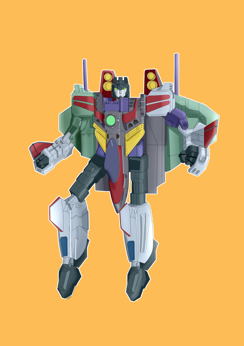 1boy absurdres arm_cannon cannon decepticon full_body gradient gradient_background green_eyes highres looking_at_viewer no_humans orange_background simple_background smile solo starscream transformers transformers_energon transformers_superlink weapon