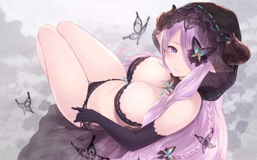 1girl black_bra black_gloves black_panties blue_eyes bra braid breasts butterfly butterfly_hair_ornament cait cleavage draph elbow_gloves eyebrows_visible_through_hair gloves granblue_fantasy hair_ornament hair_over_one_eye highres hips hood insect large_breasts lavender_hair long_hair looking_at_viewer low_tied_hair narmaya_(granblue_fantasy) panties pointy_ears single_braid smile solo thighs underwear waist