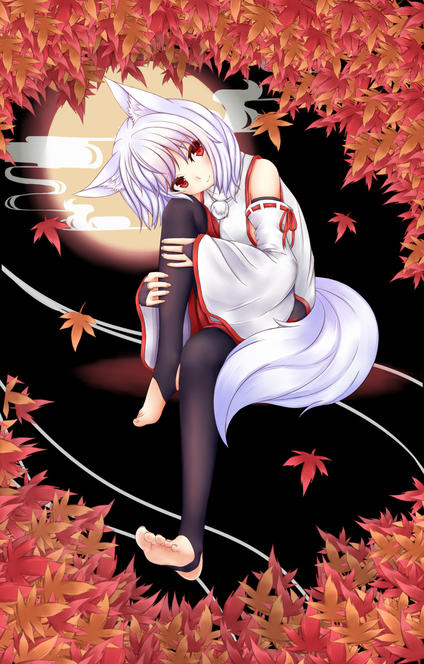 1girl :3 absurdres animal_ears autumn_leaves bare_shoulders black_legwear black_skirt breasts commentary_request detached_sleeves full_moon highres inubashiri_momiji leaf looking_at_viewer medium_skirt moon multicolored multicolored_clothes multicolored_skirt oohirakeisuke pom_pom_(clothes) red_eyes red_skirt ribbon-trimmed_sleeves ribbon_trim shirt short_hair silver_hair sitting skirt sleeveless sleeveless_shirt solo tail thigh-highs touhou turtleneck white_shirt wide_sleeves wolf_ears wolf_tail