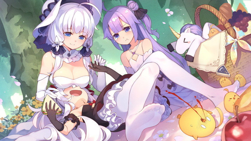 &gt;_&lt; 3girls :d :t ahoge apple azur_lane bare_shoulders basket belfast_(azur_lane) black_gloves blood blue_eyes bread breast_envy breast_rest breasts breasts_on_head commentary_request day detached_collar elbow_gloves flat_chest flower food fruit gloves grapes hair_bun hair_ornament highres holding holding_food illustrious_(azur_lane) long_hair looking_at_another low_twintails lying lying_on_lap multiple_girls nature nosebleed on_back open_mouth outdoors pantyhose picnic picnic_basket pout purple_hair sandwich short_sidetail side_bun side_ponytail smile stuffed_unicorn tears tsubasa_tsubasa twintails vampire_(azur_lane) very_long_hair white_background white_hair white_legwear