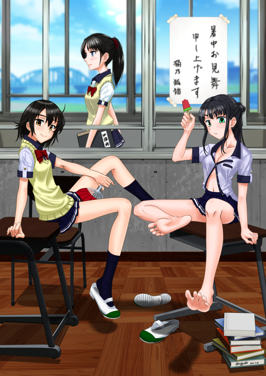 3girls :t arch_bridge barefoot black_hair blue_eyes blue_legwear blue_skirt book book_stack bow breasts bridge chair cleavage collared_shirt commentary_request dated desk eyebrows_visible_through_hair fan food green_eyes highres indoors looking_at_viewer miniskirt multiple_girls navel okenokoneko original partially_unbuttoned pleated_skirt ponytail popsicle red_bow red_neckwear red_scrunchie school school_desk school_uniform scrunchie shirt shochuumimai shoes shoes_removed short_sleeves sidelocks signature skirt smile socks soles sweater_vest toes translated uwabaki watermelon_bar window wing_collar yellow_eyes