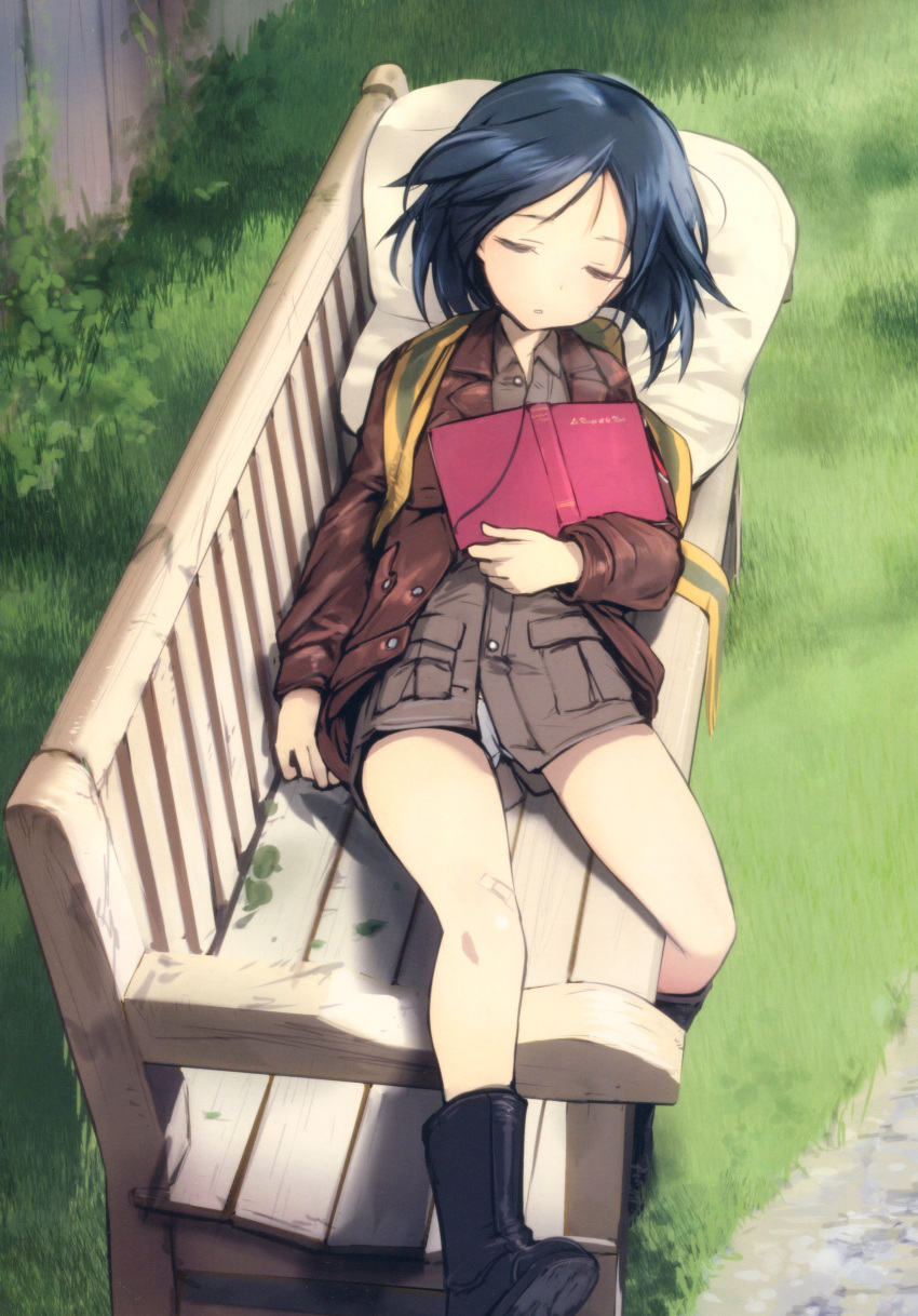 1girl absurdres ankle_boots bandage_on_face bandaid bandaid_on_knee bench black_hair book boots brave_witches brown_footwear brown_jacket brown_shirt character_name closed_eyes collared_shirt cushion from_above grass highres jacket kanno_naoe long_sleeves lying official_art on_back open_book open_clothes open_jacket panties parted_lips scan shimada_fumikane shirt silhouette sleeping solo underwear white_panties wing_collar world_witches_series