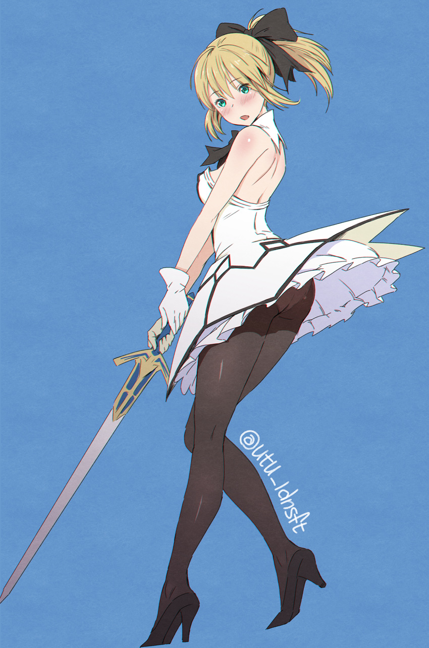 1girl :o aqua_eyes artoria_pendragon_(all) ass bare_shoulders black_bow black_footwear black_neckwear blonde_hair blue_background blush bow breasts dress eyebrows_visible_through_hair fate_(series) from_side full_body gloves hair_bow high_heels highres holding holding_sword holding_weapon layered_dress long_hair looking_at_viewer looking_to_the_side medium_breasts open_mouth panties panties_under_pantyhose pantyhose pantyshot pantyshot_(standing) ponytail saber_lily sidelocks simple_background skirt solo standing sword twitter_username two-handed underwear upskirt utu_(ldnsft) weapon white_gloves