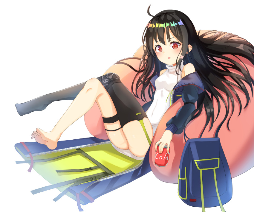 :o absurdres ahoge arm_strap ass bag bangs barefoot bean_bag_chair belt_boots black_hair black_legwear blush boots c-ms_(girls_frontline) can closed_mouth clothes_writing coat cola collarbone covered_navel dress expressionless eyebrows_visible_through_hair floating floating_hair garter_straps girls_frontline highres holding holding_can knees_up legs_crossed long_hair looking_at_viewer microdress mole mole_under_eye multicolored_coat multiple_belts off_shoulder open_clothes open_coat open_mouth pocket red_eyes sidelocks simple_background single_knee_pad single_sock single_thighhigh socks strap thigh-highs thigh_strap thighs white_dress xue_lu zipper