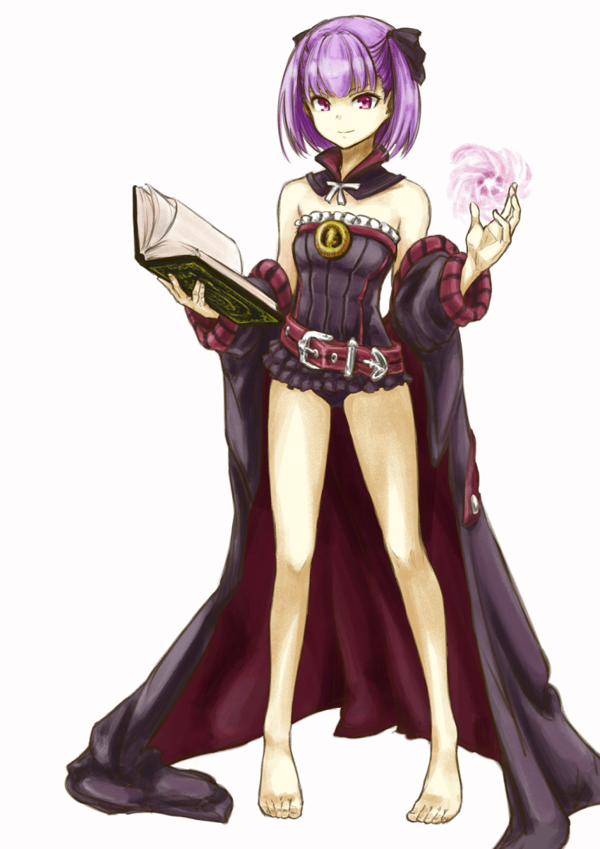 1girl artist_request bare_legs bare_shoulders barefoot belt black_panties book breasts closed_mouth detached_collar dress fate/grand_order fate_(series) full_body graphite_(medium) grimoire helena_blavatsky_(fate/grand_order) highres jacket looking_at_viewer panties purple_hair short_hair simple_background small_breasts smile solo strapless strapless_dress traditional_media tree_of_life underwear violet_eyes white_background