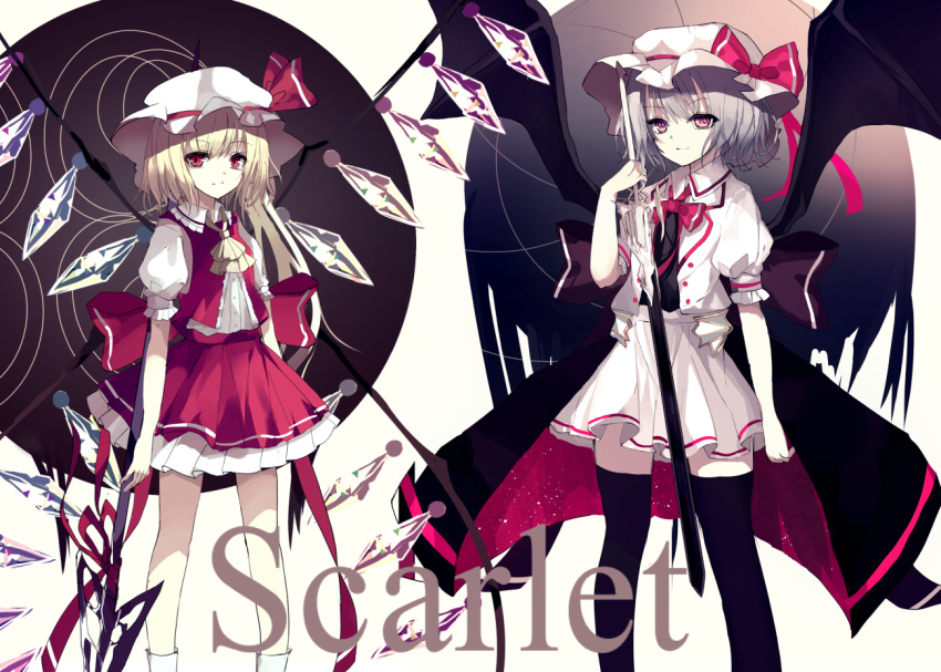 2girls bare_legs bat_wings beckzawachi black_legwear blonde_hair bow collared_shirt commentary_request eyebrows_visible_through_hair flandre_scarlet frilled_shirt_collar frilled_skirt frilled_sleeves frills hat hat_bow holding holding_weapon looking_at_viewer miniskirt mob_cap multiple_girls multiple_wings pink_eyes puffy_short_sleeves puffy_sleeves red_eyes red_skirt red_vest remilia_scarlet shirt short_hair short_sleeves siblings silver_hair sisters skirt skirt_set standing sword text thigh-highs touhou vest weapon white_hat white_skirt wings zettai_ryouiki
