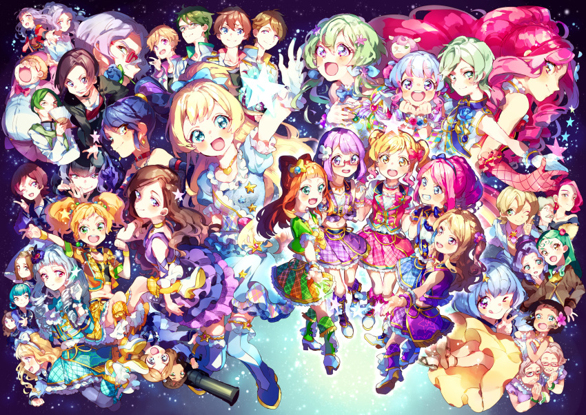 6+boys 6+girls absurdres aikatsu!_(series) aikatsu_stars! ashida_yuuri_(aikatsu!) blonde_hair blue_eyes blue_hair boots brown_hair character_request elza_forte everyone flower futaba_aria glasses green_eyes green_hair grin hair_between_eyes hair_flower hair_ornament hanazono_kirara haruka_ruka high_heel_boots high_heels highres idol_clothes igarashi_nozomu iukawa_hamosaku kasumi_asahi kasumi_mahiru kasumi_yozora kira_kanata kisaragi_tsubasa kizaki_rei long_hair looking_at_another looking_at_viewer maori_(aikatsu_stars!) midriff multicolored_hair multiple_boys multiple_girls nanakura_koharu navel nijino_yume nikaidou_yuzu one_eye_closed pink_hair ponytail purple_hair red_eyes sakuraba_rola saotome_ako shirayuki_hime shirogane_lilly short_hair smile space star star_hair_ornament starry_background teeth thighs tongue tongue_out twintails v very_long_hair violet_eyes wavy_hair white_hair yellow_eyes yuuki_subaru